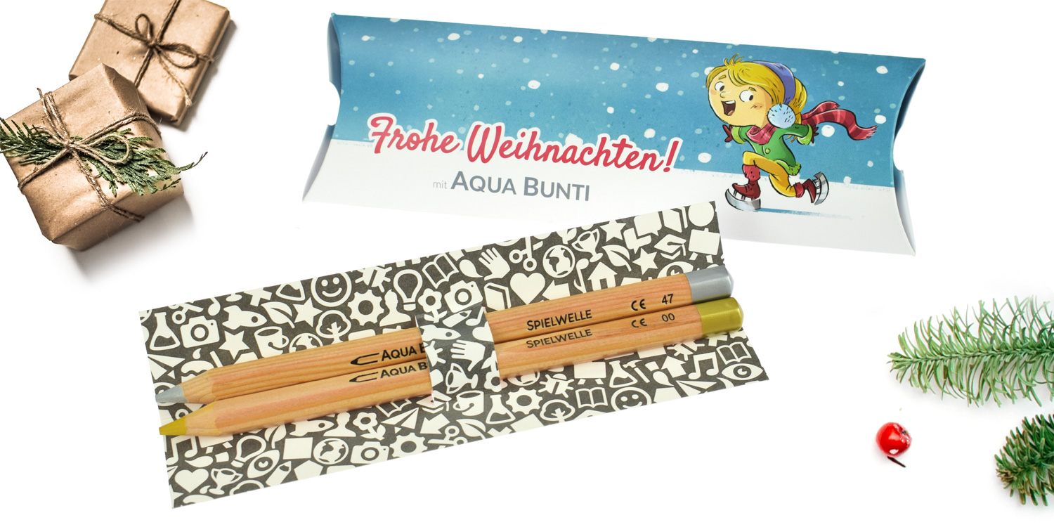 Weihnachts-Geschenk: Kissenverpackung mit 2 Aqua Bunti Stiften in Gold und Silber