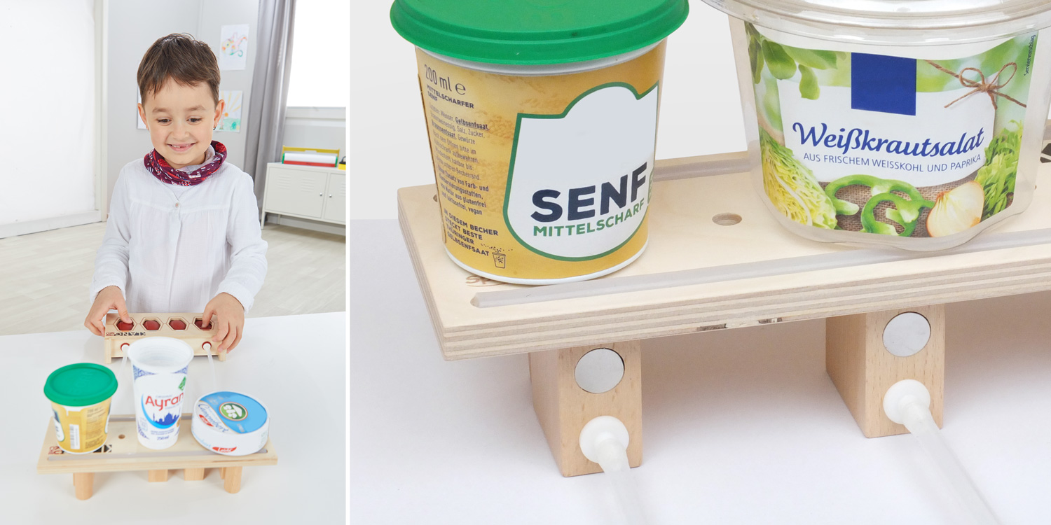 Mit verschiedenen Verpackungen lassen sich Töne erzeugen: Kunststoffbecher, Pappschachteln, Milchkarton