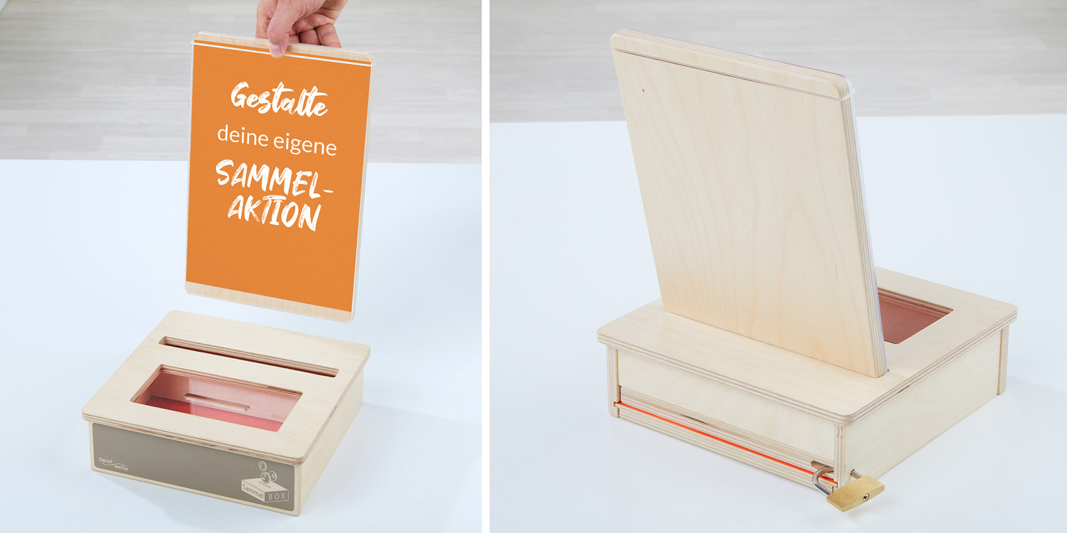 Ein A4 Blatt ist mit einem eigenen Spendenzweck gestaltet und wird hinter den Geldschlitz in die Box gesteckt. Das Bild zeigt links wie die Displayfläche eingesteckt wird und rechts von der Rückseite.